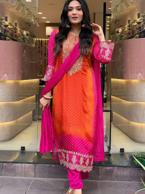 GoSriKi Bandhani Printed Sequinned Embroidery Work Kurta with Trousers & Dupatta - Image 6