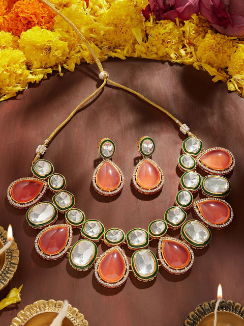 Zaveri Pearls Gold-Plated Austrian Diamonds Stone-Studded Meenakari Jewellery Set