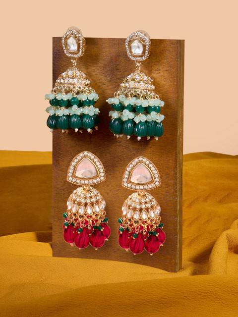 Zaveri Pearls Set of 2 Gold-Plated Stones Studded & Cluster Beaded Dome Shaped Jhumkas