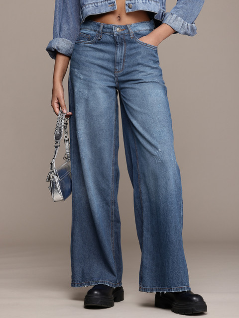 The Roadster Life Co. Women Wide Leg Baggy Fit Low Distressed Light Fade Pure Cotton Jeans