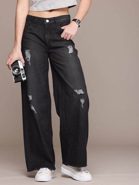 The Roadster Life Co. Women Baggy Wide Leg Mildly Distressed Light Fade Pure Cotton Jeans