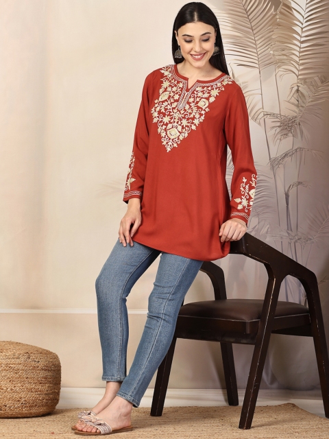 Qazmi Women Floral Embroidered Jasmine Kashimiri Aari Work A-Line Kurti - Image 7