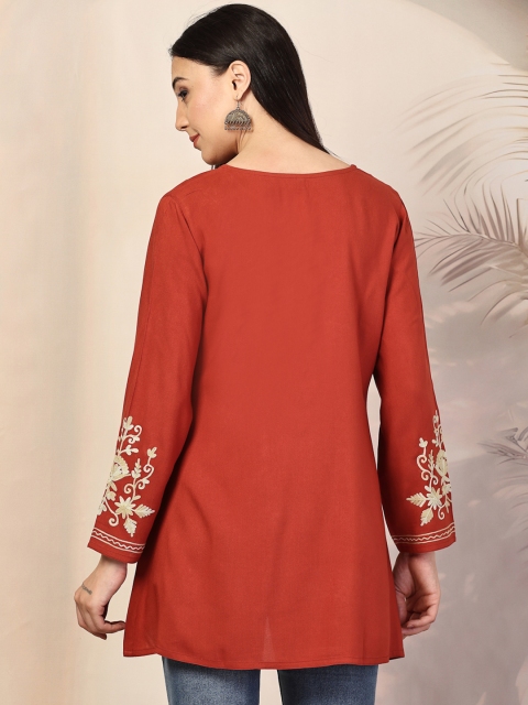 Qazmi Women Floral Embroidered Jasmine Kashimiri Aari Work A-Line Kurti - Image 5
