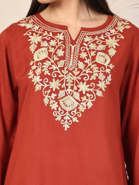 Qazmi Women Floral Embroidered Jasmine Kashimiri Aari Work A-Line Kurti - Image 3