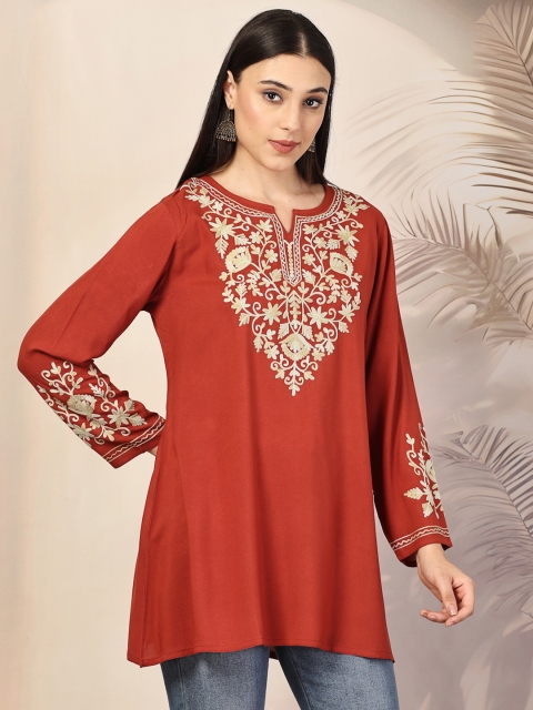 Qazmi Women Floral Embroidered Jasmine Kashimiri Aari Work A-Line Kurti - Image 2
