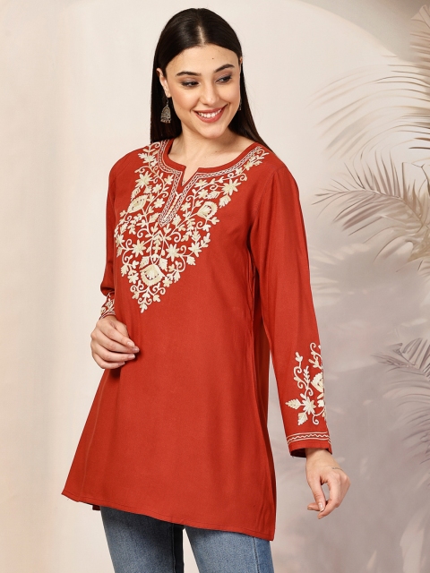 Qazmi Women Floral Embroidered Jasmine Kashimiri Aari Work A-Line Kurti - Image 4