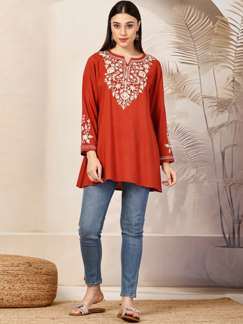 Qazmi Women Floral Embroidered Jasmine Kashimiri Aari Work A-Line Kurti - Image 6