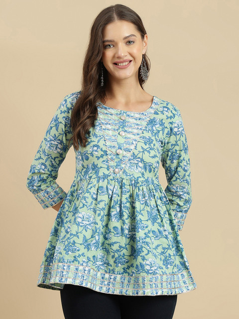 KALINI Women Floral Printed Round Neck Cotton Top