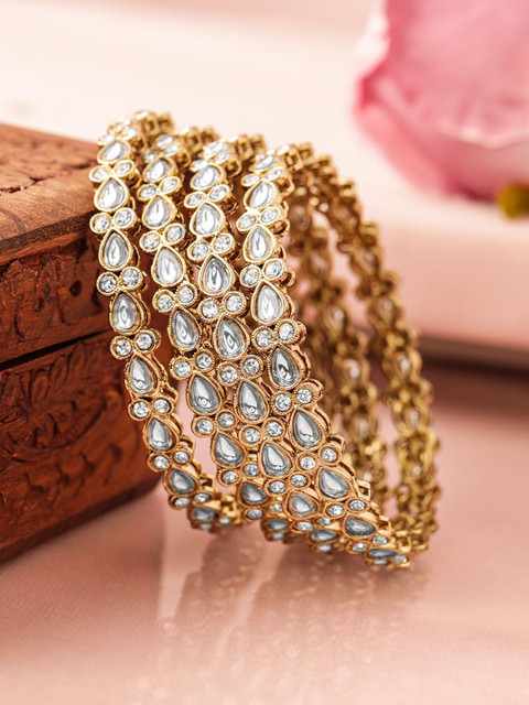 Rubans Set of 4 18K Mehandi Gold-Plated Kundan & Cubic Zirconia Studded Designer Bangles