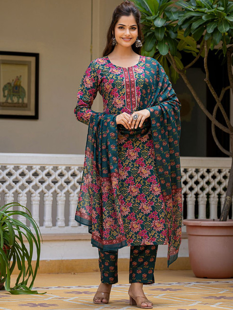 KALINI Women Floral Printed Regular Kurta with Trousers & Dupatta - Image 2