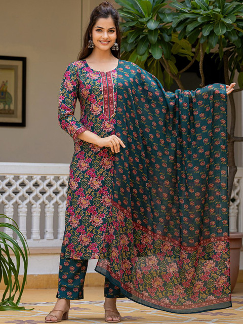 KALINI Women Floral Printed Regular Kurta with Trousers & Dupatta - Image 6