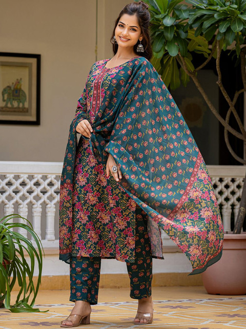 KALINI Women Floral Printed Regular Kurta with Trousers & Dupatta - Image 4