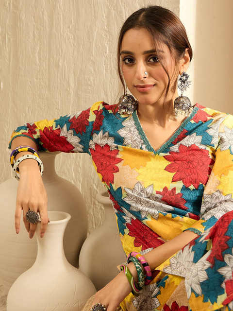 Indo Era Women Floral Printed Regular Pure Cotton Kurta with Trousers - Image 3