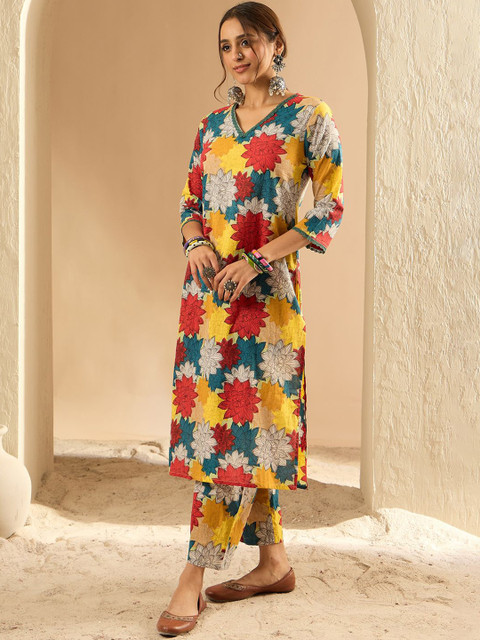 Indo Era Women Floral Printed Regular Pure Cotton Kurta with Trousers - Image 5