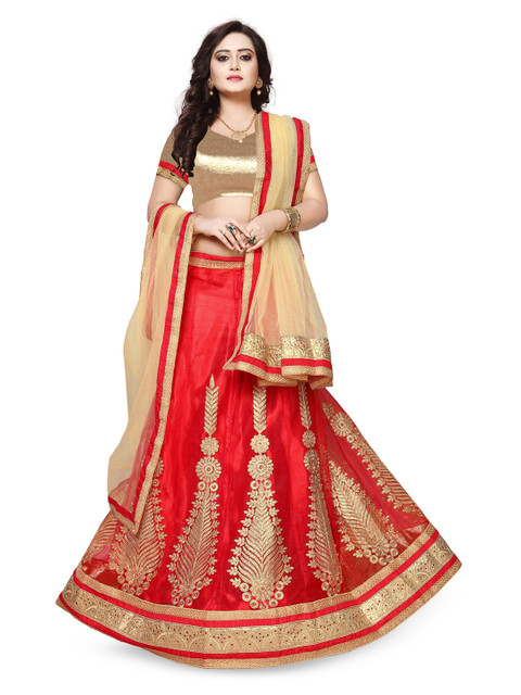 Maroosh Women Embroidered Thread Work Unstitched Lehenga & Blouse With Dupatta