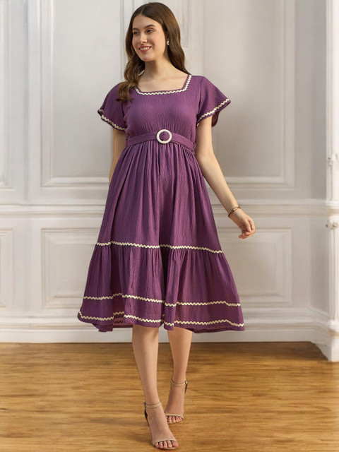 Azira Women Solid Square Neck Fit & Flare Dress