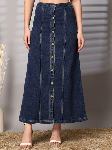 plusS Women Denim Straight Stretchable Midi Skirt