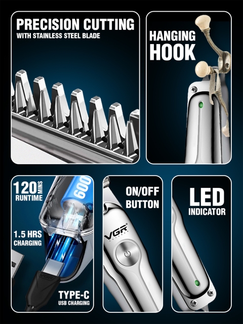 VGR V-071 Professional Hair Clipper With 3 Guide Combs & 120 min Runtime - Silver - Image 3