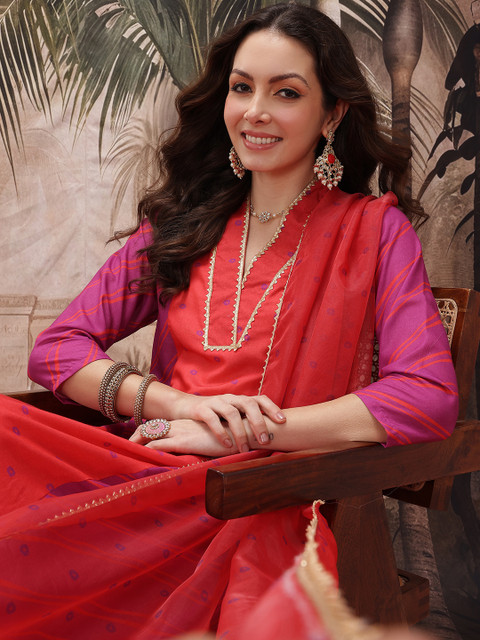 Sangria Bandhani Print Paneled Gota Patti Detail Fusion Kurta with Tulip Pants & Dupatta