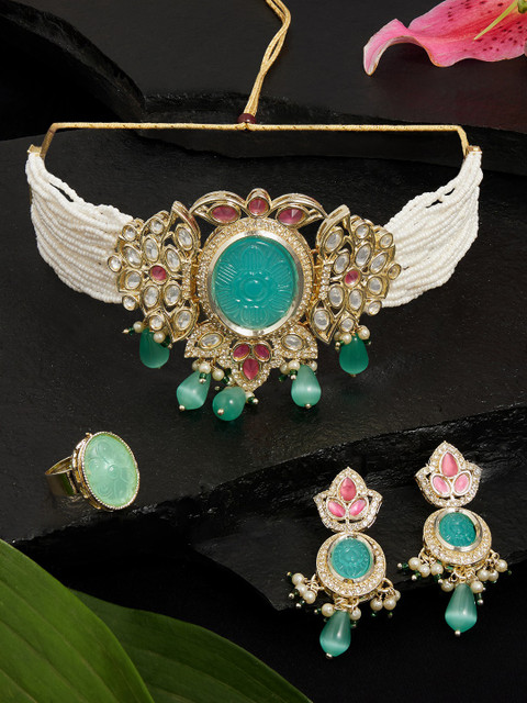 Zaveri Pearls Gold-Plated Stone-Studded & Beaded Choker Jewellery Set