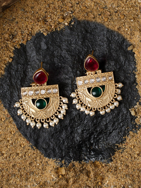Zaveri Pearls Gold-Plated Stone Studded & Beaded Drop Earrings
