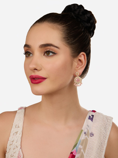 Zaveri Pearls Gold-Plated Dazzling Austrian Diamond Stone Studded & Beaded Drop Earrings - Image 4