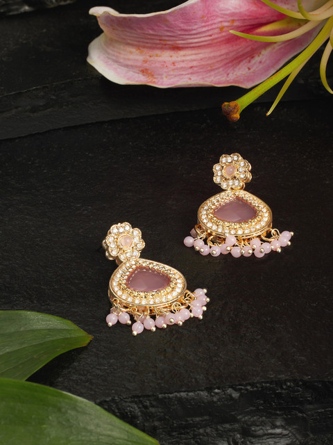 Zaveri Pearls Gold-Plated Dazzling Austrian Diamond Stone Studded & Beaded Drop Earrings - Image 2