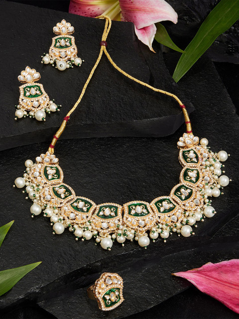 Zaveri Pearls Gold-Plated Meenakari Stone-Studded & Beaded Jewellery Set