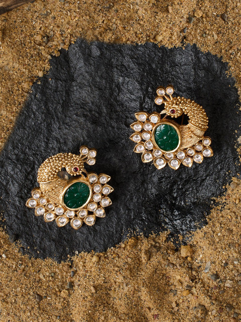 Zaveri Pearls Gold-Plated Peacock Shaped Stone Studded & Beaded Drop Earrings - Image 2
