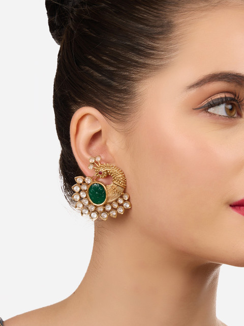 Zaveri Pearls Gold-Plated Peacock Shaped Stone Studded & Beaded Drop Earrings
