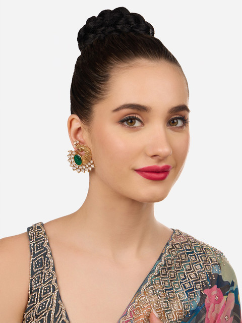 Zaveri Pearls Gold-Plated Peacock Shaped Stone Studded & Beaded Drop Earrings - Image 5