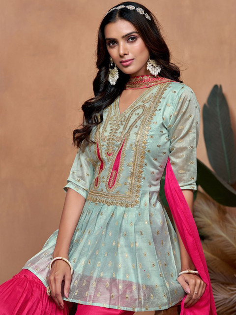 Sangria Paisley Embroidered V-Neck Short Sleeves Chanderi Silk Kurta & Sharara & Dupatta