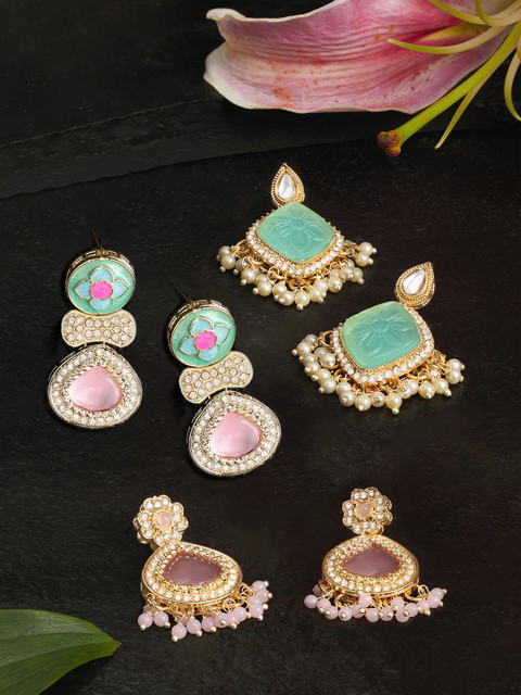 Zaveri Pearls Set of 3 Gold-Plated Teardrop Shaped Stone Studded & Beaded Drop Earrings