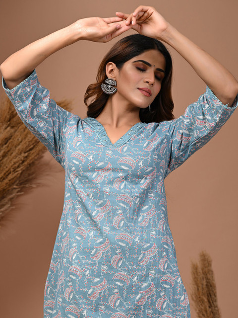 Rimeline Ethnic Motifs Printed Pure Cotton Straight Kurta