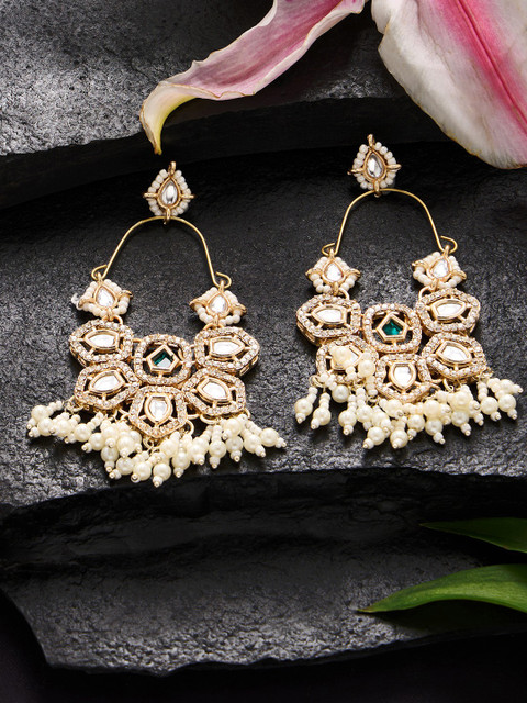 Zaveri Pearls Gold-Plated Austrian Diamond Stone Studded & Beaded Drop Earrings