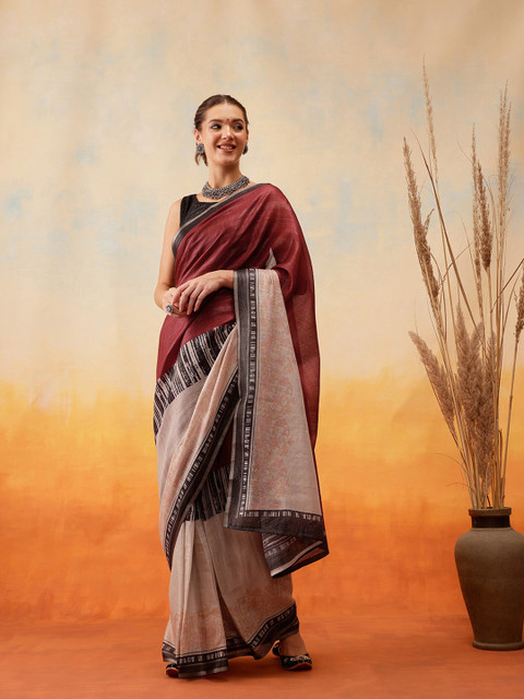 Silk Land Abstract Printed Half & Half Ready to Wear Tussar Saree - Image 2