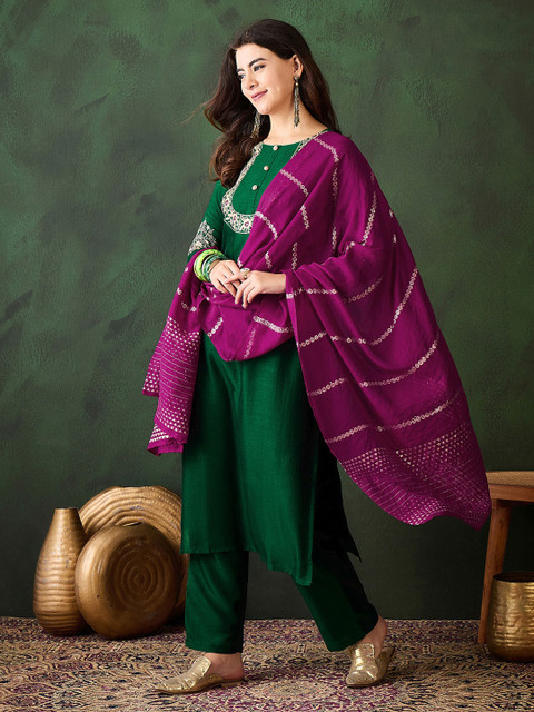 Sangria Floral Embroidered Thread Work Straight Kurta With Trousers & Dupatta - Image 5