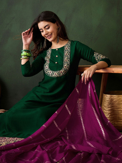 Sangria Floral Embroidered Thread Work Straight Kurta With Trousers & Dupatta - Image 7