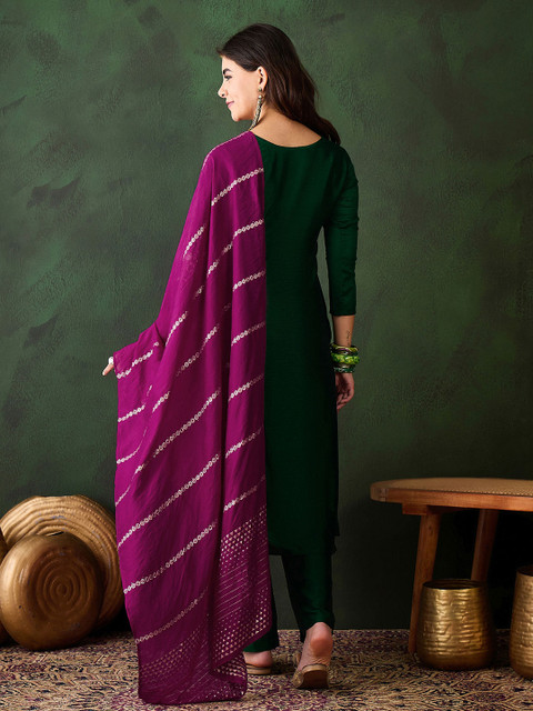 Sangria Floral Embroidered Thread Work Straight Kurta With Trousers & Dupatta - Image 6