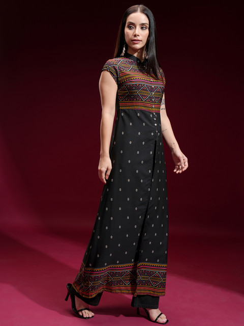 Vishudh Geometric Printed Mandarin Collar Short Sleeves A-line Kurta - Image 3