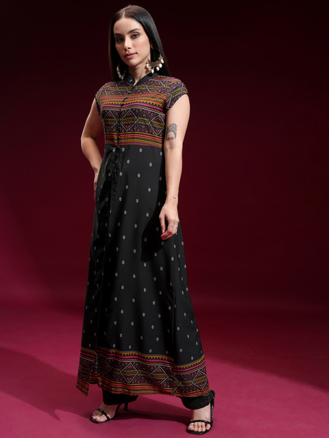 Vishudh Geometric Printed Mandarin Collar Short Sleeves A-line Kurta - Image 4