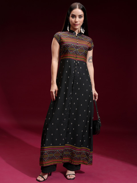 Vishudh Geometric Printed Mandarin Collar Short Sleeves A-line Kurta
