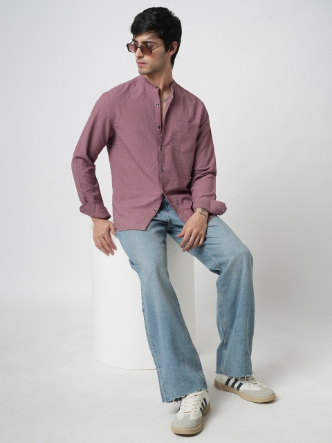 VASTRADO Men Classic Band Collar Textured Slim Fit Casual Shirt - Image 6