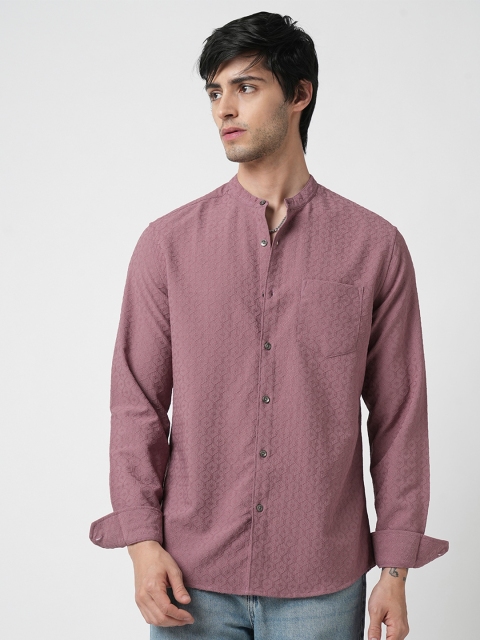 VASTRADO Men Classic Band Collar Textured Slim Fit Casual Shirt - Image 2