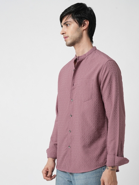 VASTRADO Men Classic Band Collar Textured Slim Fit Casual Shirt - Image 4