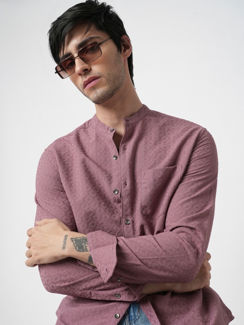 VASTRADO Men Classic Band Collar Textured Slim Fit Casual Shirt - Image 7