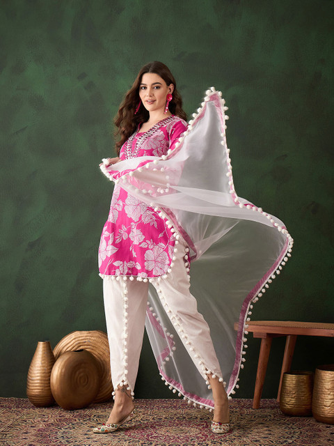Sangria Pink Floral Printed Mirror Work Straight Kurti With Dhoti Pants & Dupatta - Image 6
