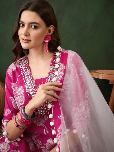 Sangria Pink Floral Printed Mirror Work Straight Kurti With Dhoti Pants & Dupatta - Image 2