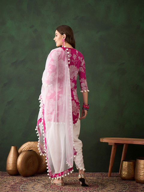 Sangria Pink Floral Printed Mirror Work Straight Kurti With Dhoti Pants & Dupatta - Image 5