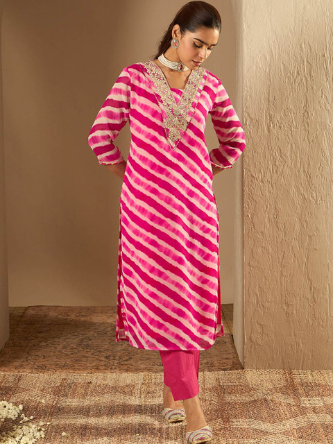 Indo Era Leheriya Embroidered Straight Kurta - Image 2